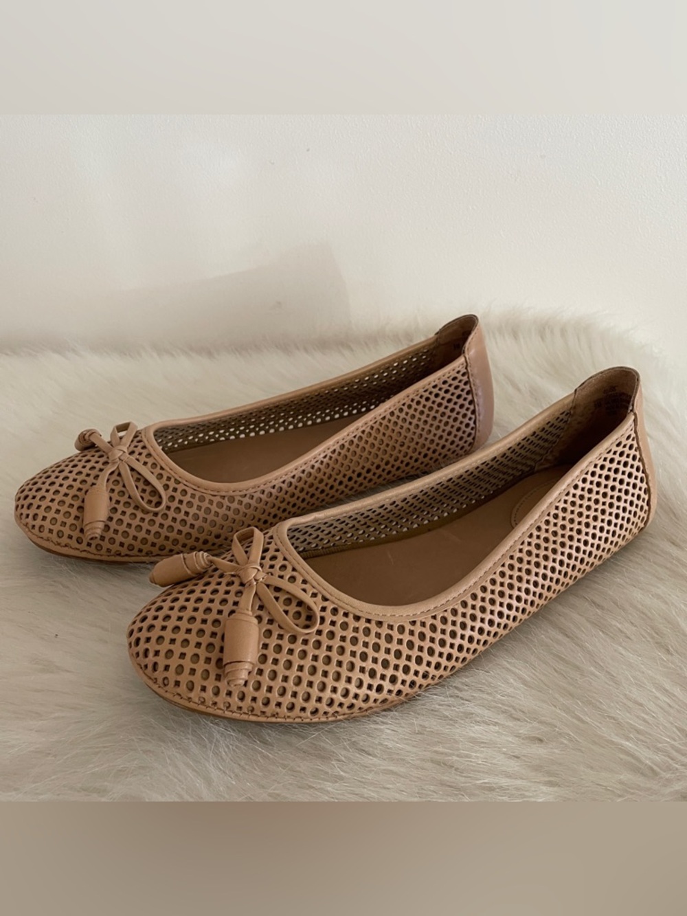 Montana Beige Laser-Cut perforated Bow leather Ballet Flats